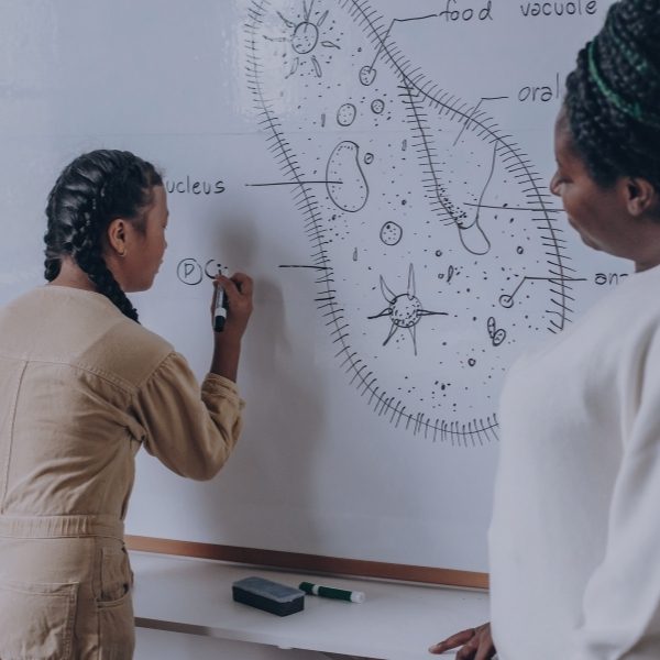 girl writing on board about cell structure